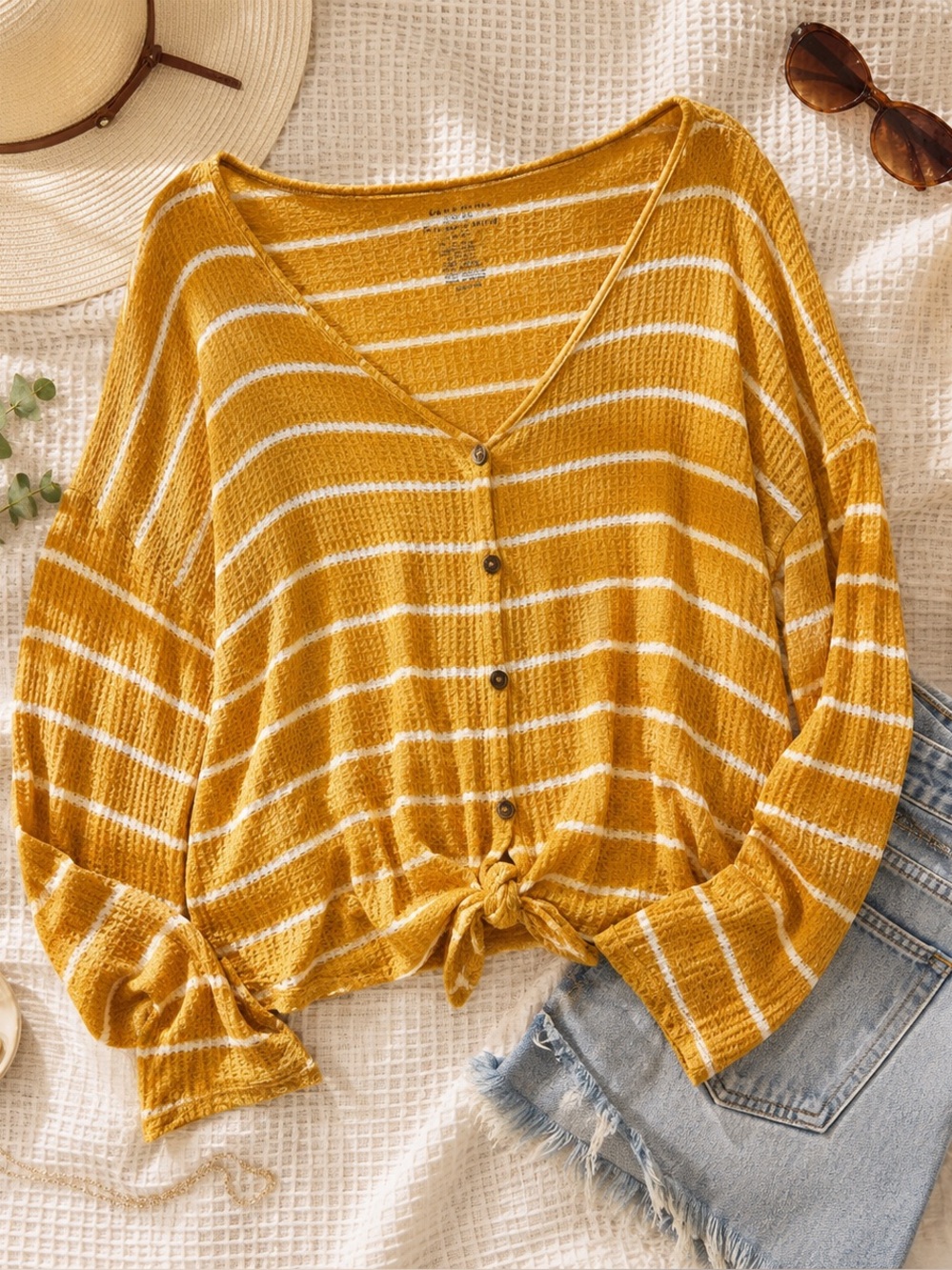 American Eagle Thermal Waffle Knit Stripe Front Knot Oversized Shirt Size Small